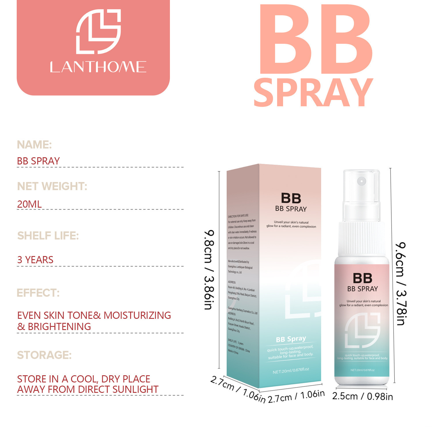 BB Concealer Spray 20ml Waterproof Sweat Resistant Isolation Primer for Daily Quick Makeup Natural