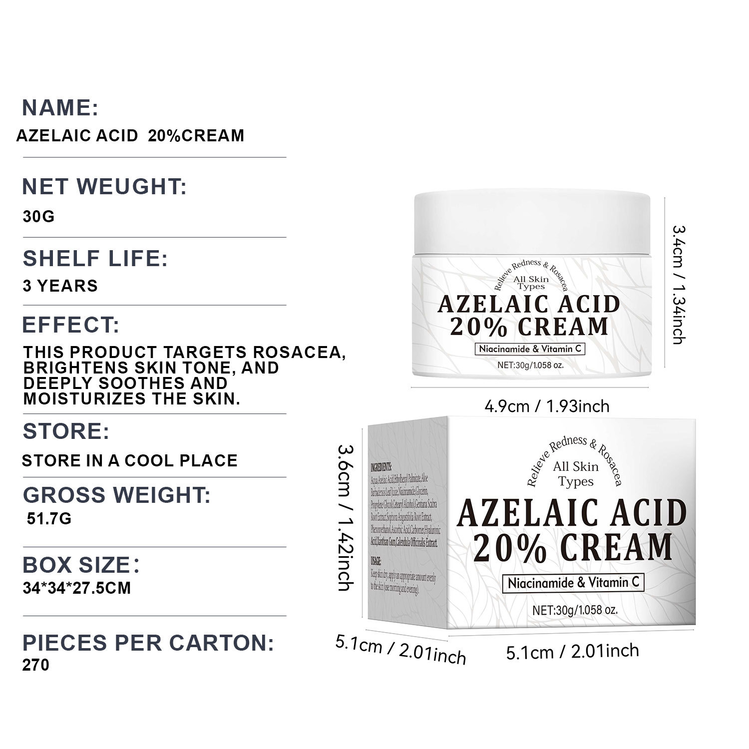 Azelaic Acid 20 Percent Cream Moisturizing Gentle Soothing For Dry Sensitive Skin Daily Face Skincare Treatment