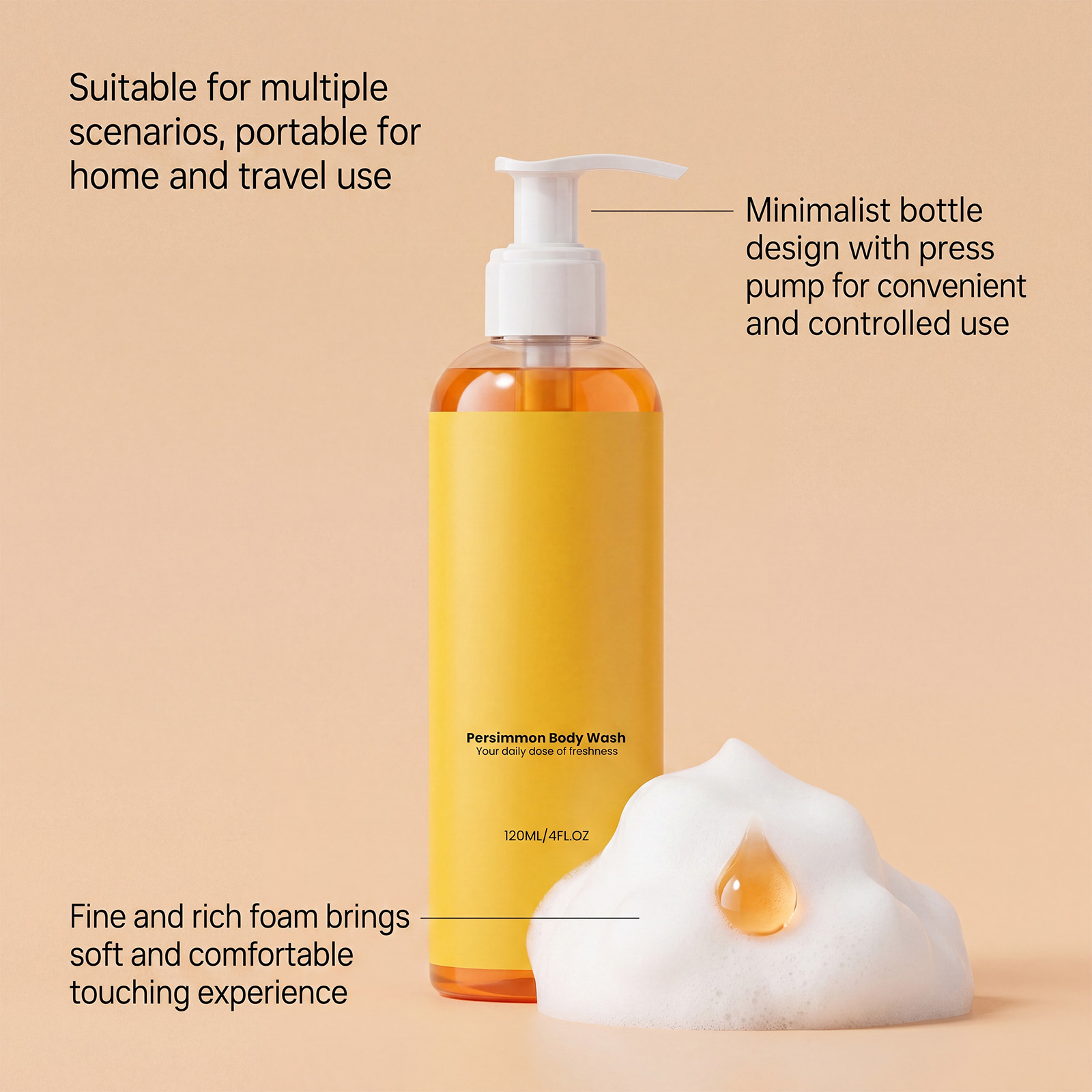 Persimmon Refreshing Body Wash Thick Foam Soft Care Easy Rinse Clean Fresh Fragrance Mild For Whole Skin Bath Use