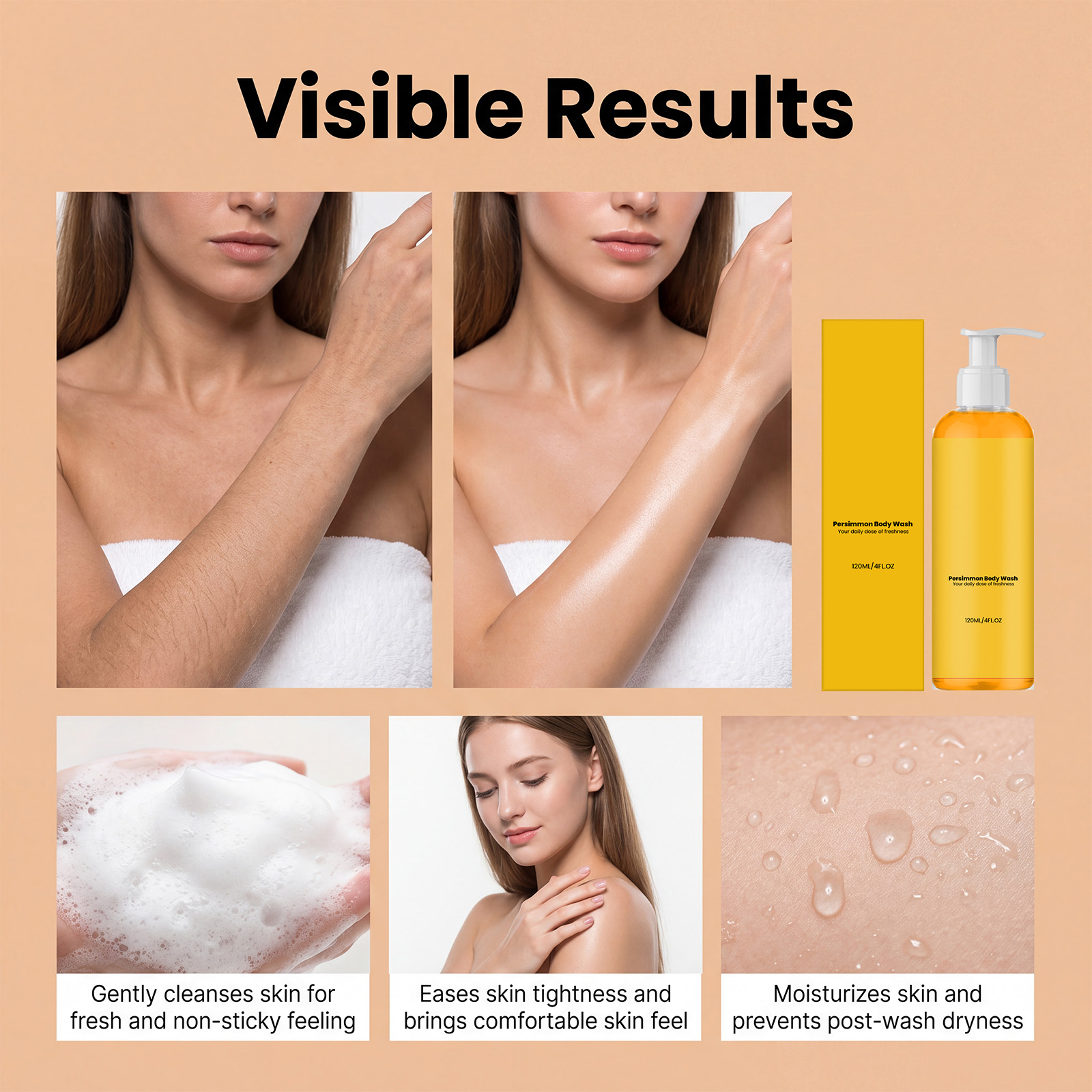 Persimmon Refreshing Body Wash Thick Foam Soft Care Easy Rinse Clean Fresh Fragrance Mild For Whole Skin Bath Use