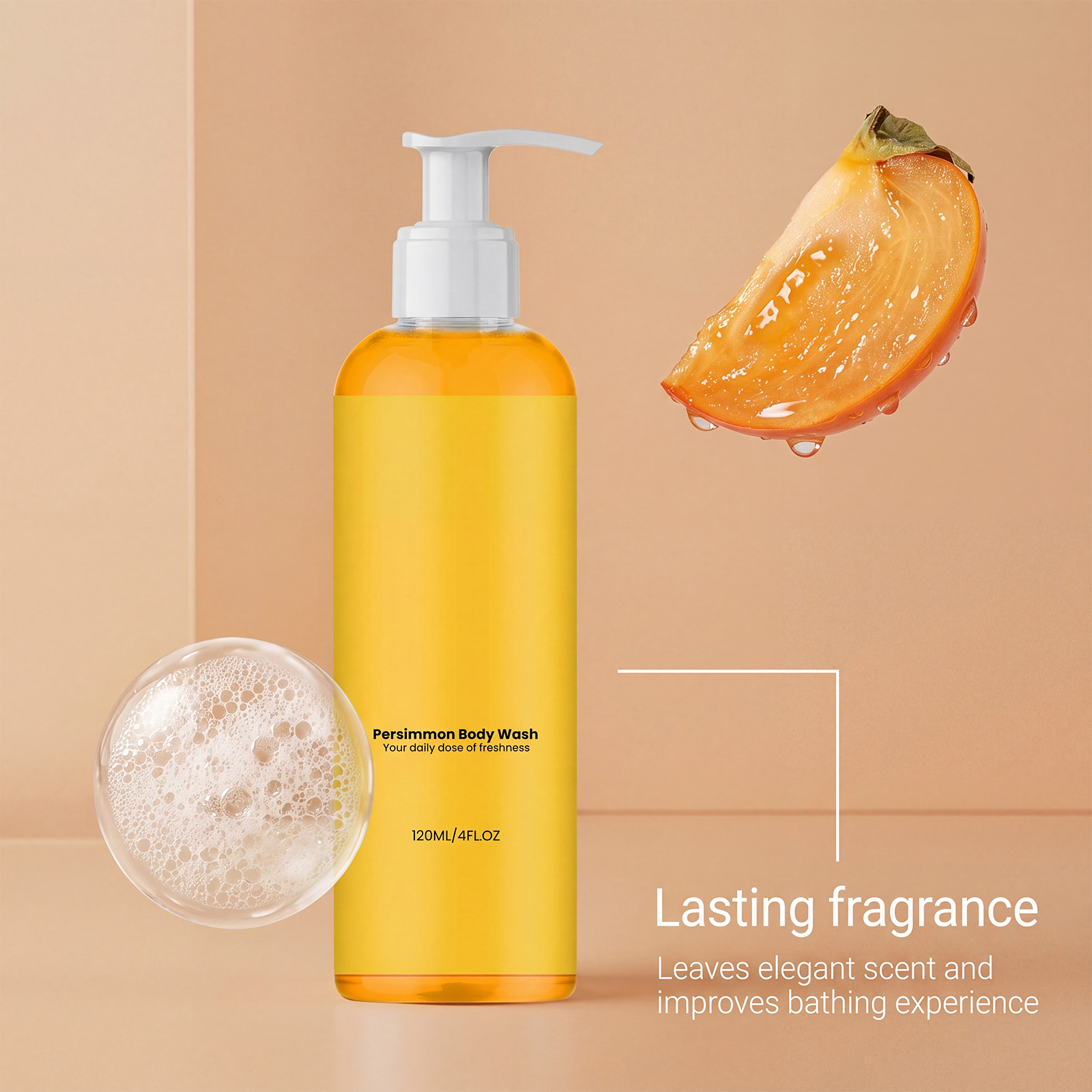 Persimmon Refreshing Body Wash Thick Foam Soft Care Easy Rinse Clean Fresh Fragrance Mild For Whole Skin Bath Use