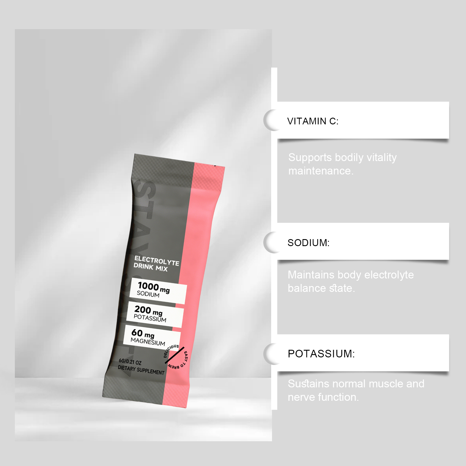 Electrolyte Energy Supplement Powder Mild Gentle Portable Daily Body Vitality Strength Boost Active Healthy Natural Care