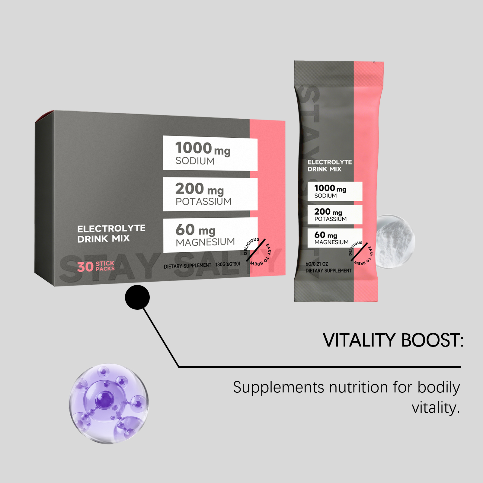 Electrolyte Energy Supplement Powder Mild Gentle Portable Daily Body Vitality Strength Boost Active Healthy Natural Care