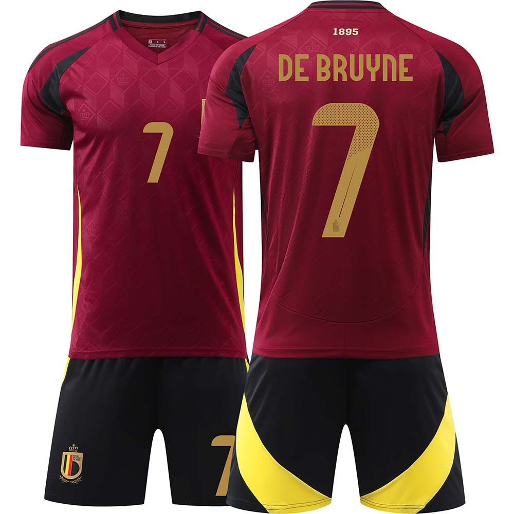 (Kids 2~3 Years) Football Kit 2024 European Cup Belgium Home Kit with No.7 De Bruyne Soccer Jersey Set Shorts Socks Kids Tracksuit Football Training Sports Activewear