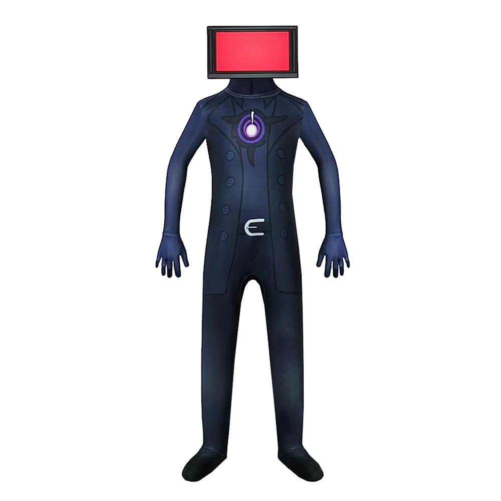 (Size 110) Kids Skibidi Jumpsuits Toilet TV Man Horror Game Costume Mask Party Fancy Dress Halloween Cosplay Party Bodysuits with Headwear Cartoon Game Outfit