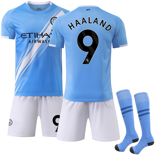 2025 2026 Manchester City Home No.9 Haaland Kids Football Kit with Tops Shorts Socks Sport Training Shirt Kits Boys Soccer Jersey Teens Uniform Activewear