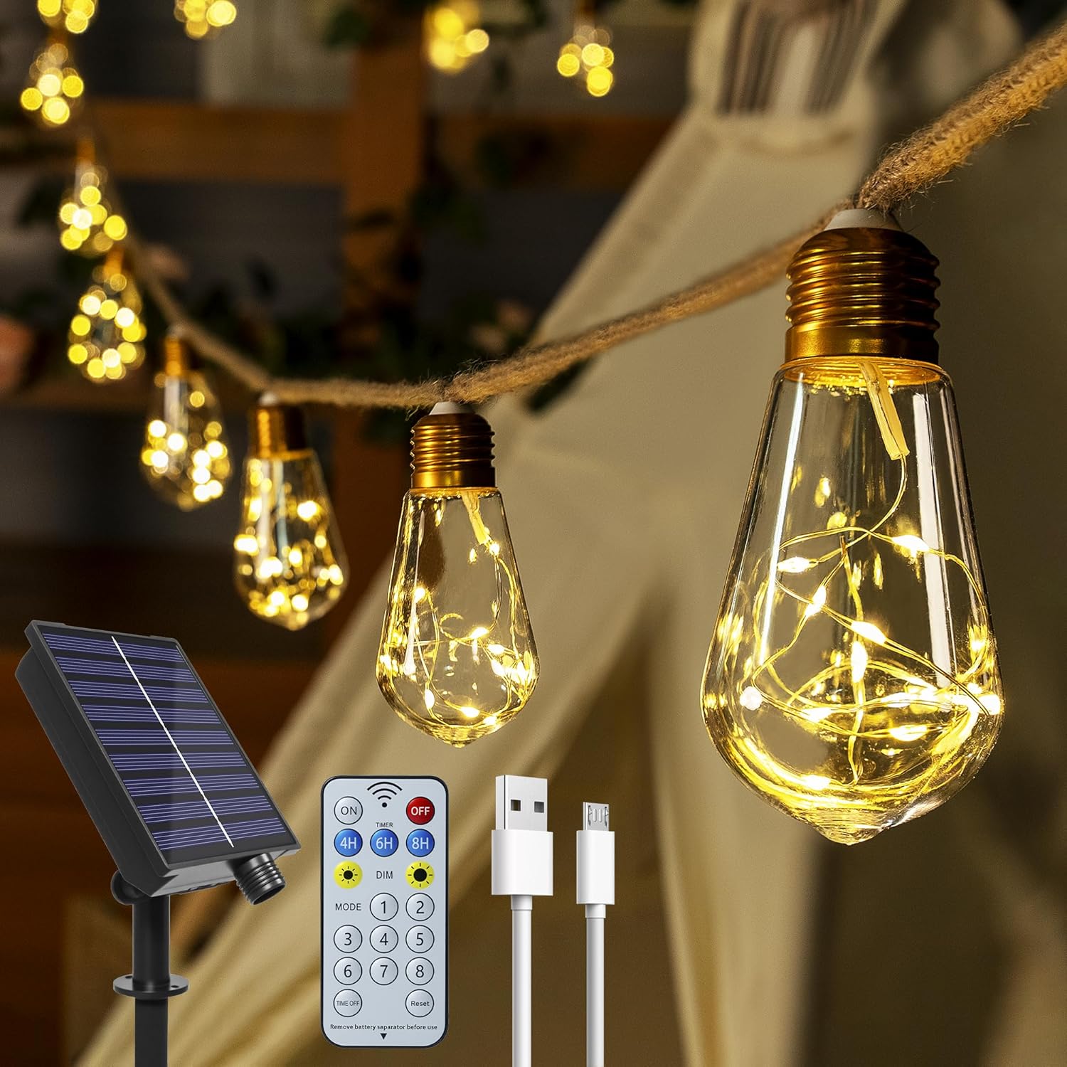 Solar Lights Outdoor Garden 6m Hemp Rope Festoon Light with Remote USB Fairy String 160 LEDs 8 Modes Waterproof Lighting for Outside Gazebo Patio Party Decor