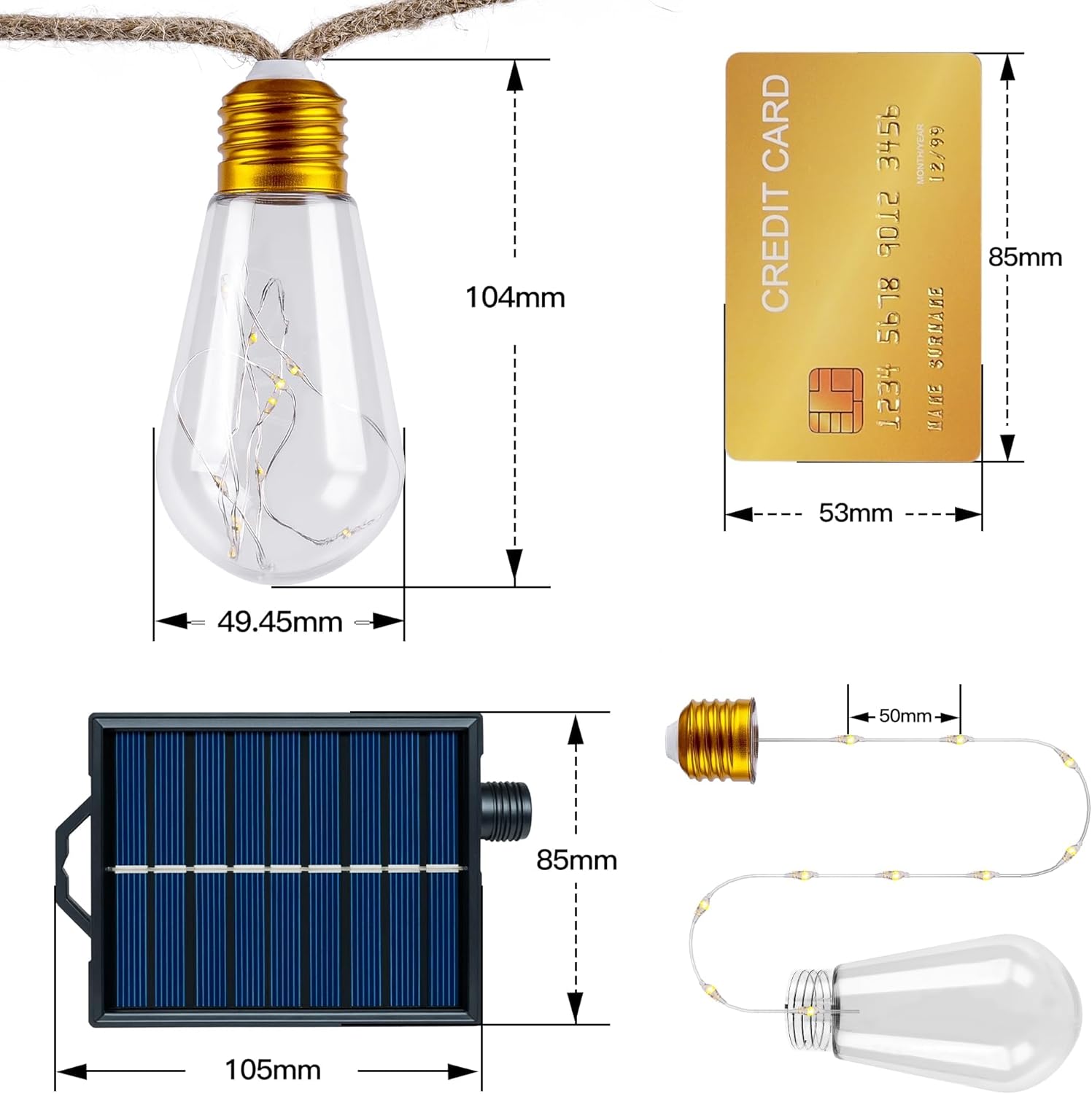 Solar Lights Outdoor Garden 6m Hemp Rope Festoon Light with Remote USB Fairy String 160 LEDs 8 Modes Waterproof Lighting for Outside Gazebo Patio Party Decor