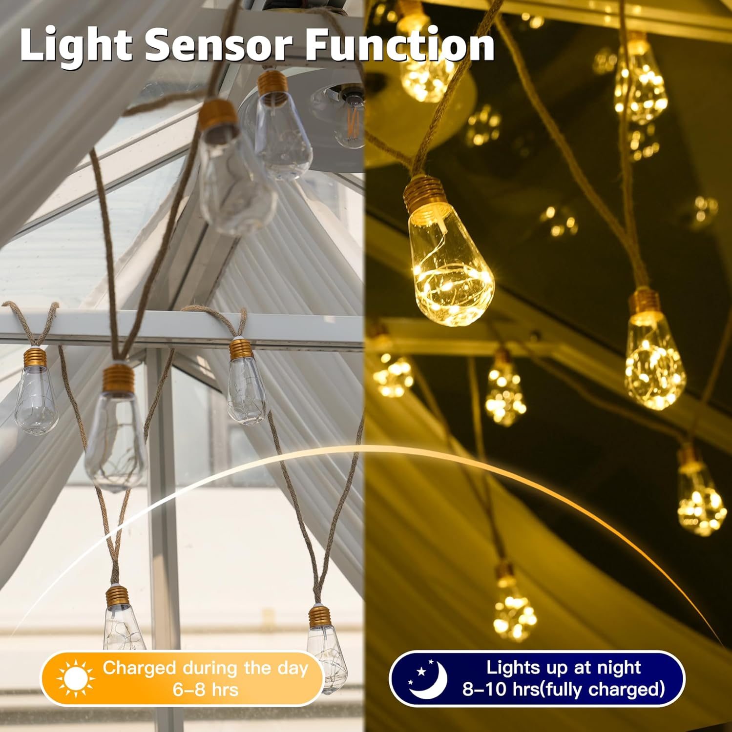 Solar Lights Outdoor Garden 6m Hemp Rope Festoon Light with Remote USB Fairy String 160 LEDs 8 Modes Waterproof Lighting for Outside Gazebo Patio Party Decor