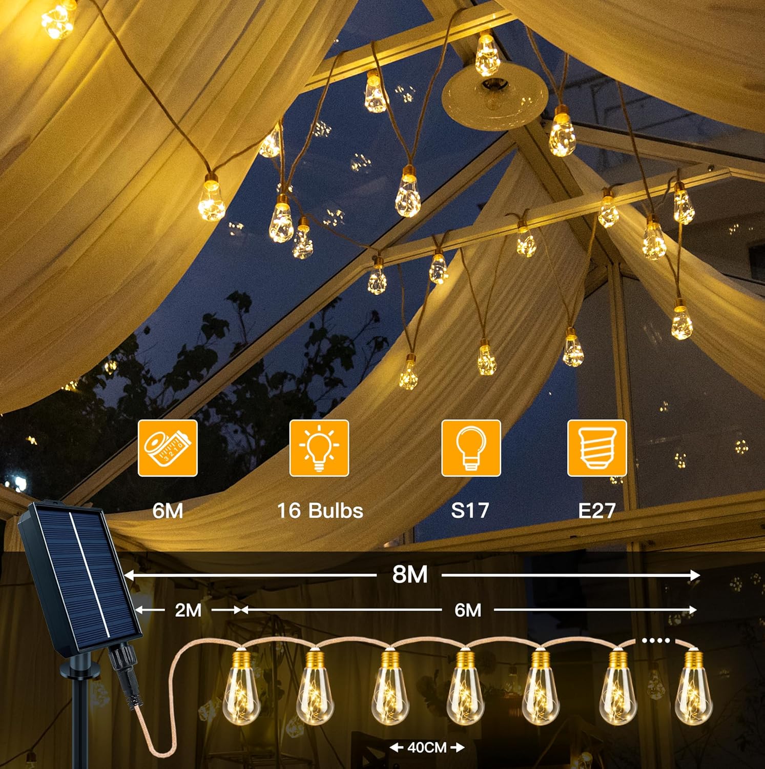 Solar Lights Outdoor Garden 6m Hemp Rope Festoon Light with Remote USB Fairy String 160 LEDs 8 Modes Waterproof Lighting for Outside Gazebo Patio Party Decor