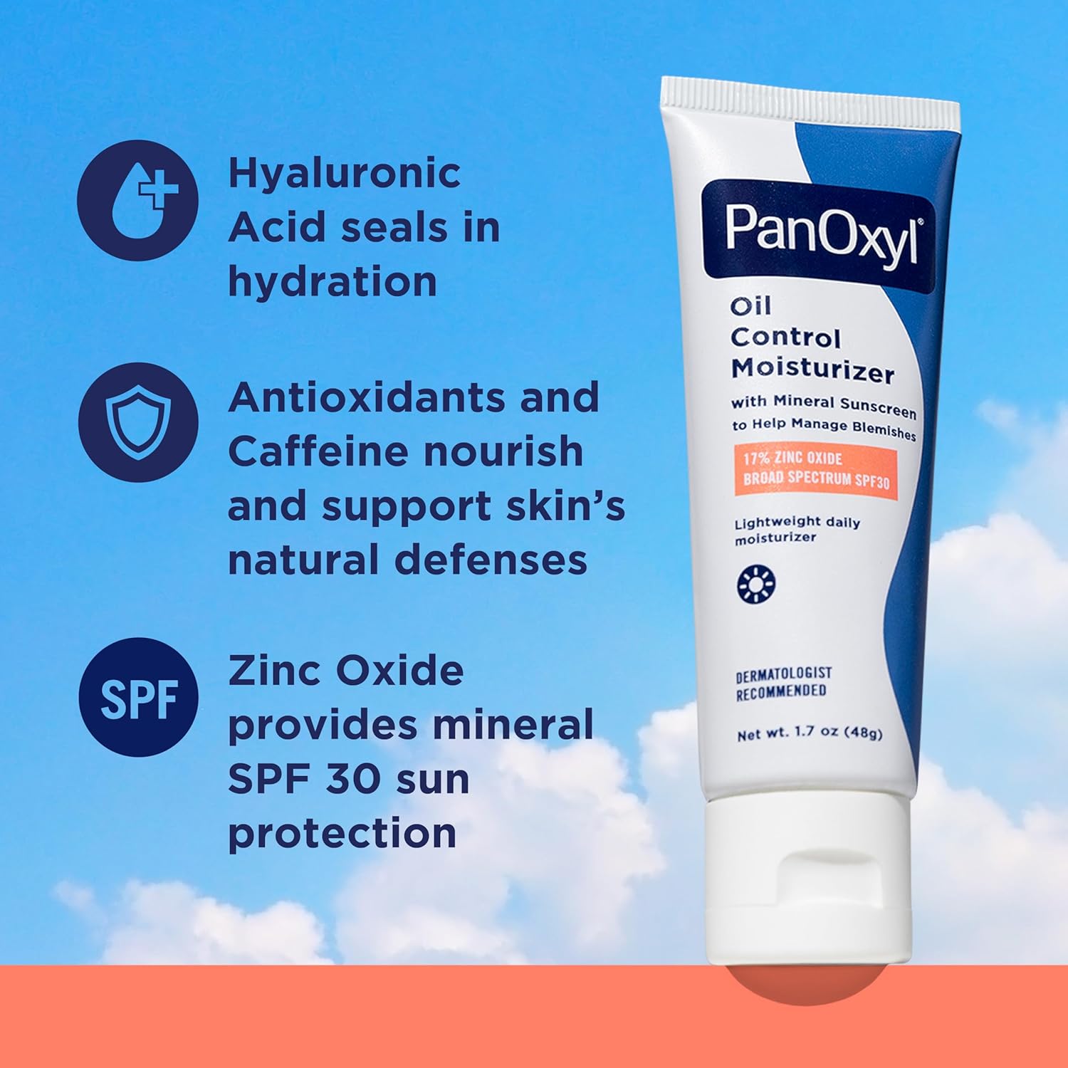 PanOxyl Oil Control Moisturizer with Mineral Sunscreen NEW Sheer Formula Absorbs Excess Oil and Reduces Shine for Acne Prone and Oily Skin SPF 30 48g
