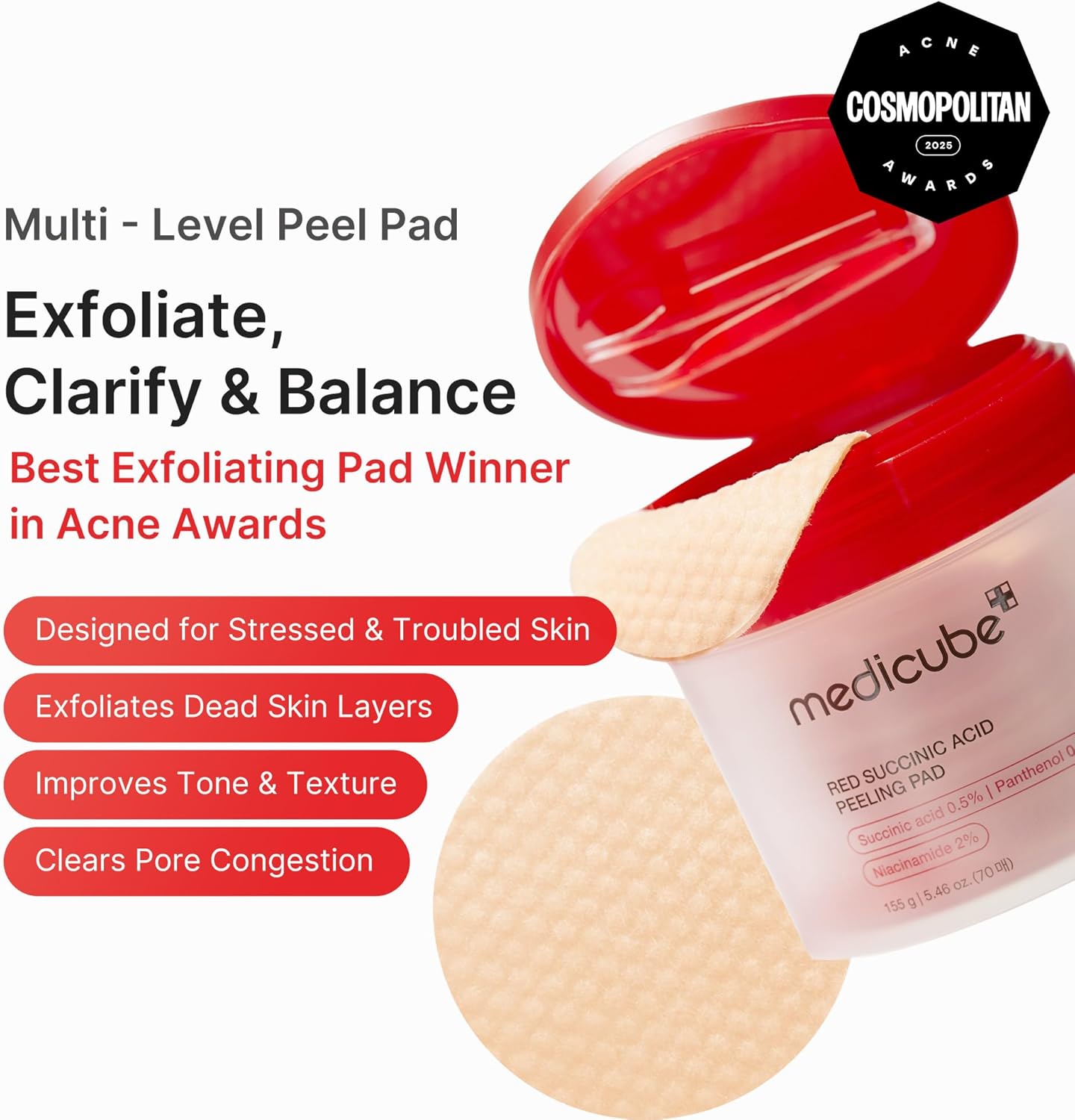 medicube Red Succinic Acid Panthenol Facial Peeling Pads Exfoliating Toner Pads for Breakout Prone Skin Niacinamide AHA BHA Soothing Panthenol Non-Comedogenic
