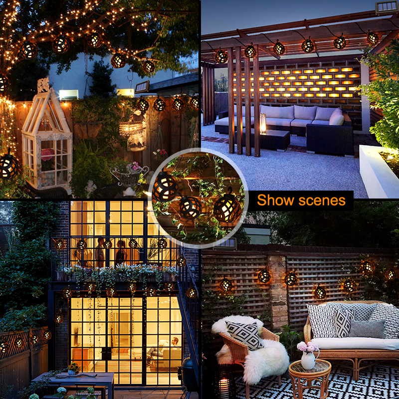 Solar String Lights LED Outdoor Waterproof Flickering Flame Hanging Solar Lantern Lamp with 8 Ball for Patio Garden Yard