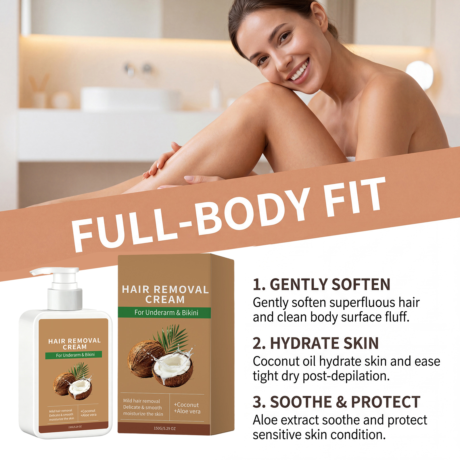 Coconut Moisturizing Hair Removal Cream Gentle Mild Refreshing Tender Smooth Delicate Cleansing Body Skin Daily Convenient