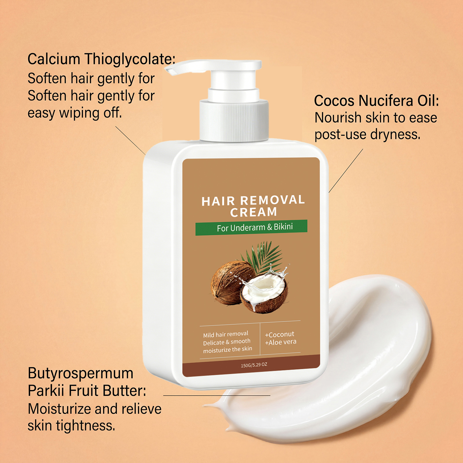 Coconut Moisturizing Hair Removal Cream Gentle Mild Refreshing Tender Smooth Delicate Cleansing Body Skin Daily Convenient