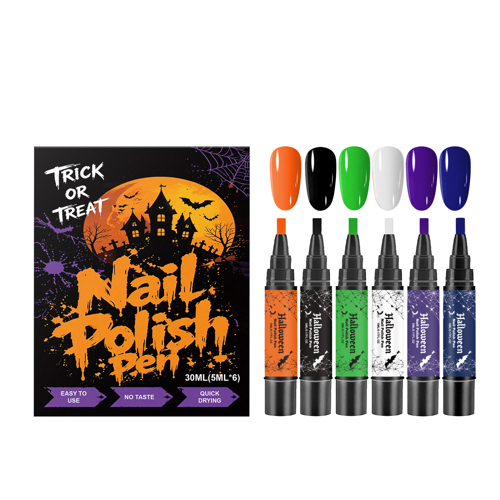 (Vibrant Halloween) Nail Polish Gel Pen No Baking Quick Dry Water Based Peelable Easy Clean Festival Exclusive Color DIY Nail Art