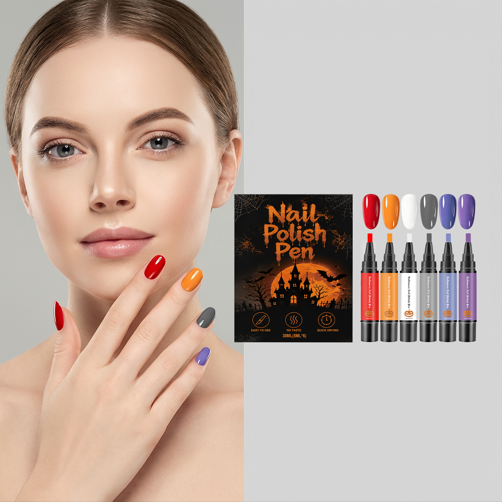 (Vibrant Halloween) Nail Polish Gel Pen No Baking Quick Dry Water Based Peelable Easy Clean Festival Exclusive Color DIY Nail Art