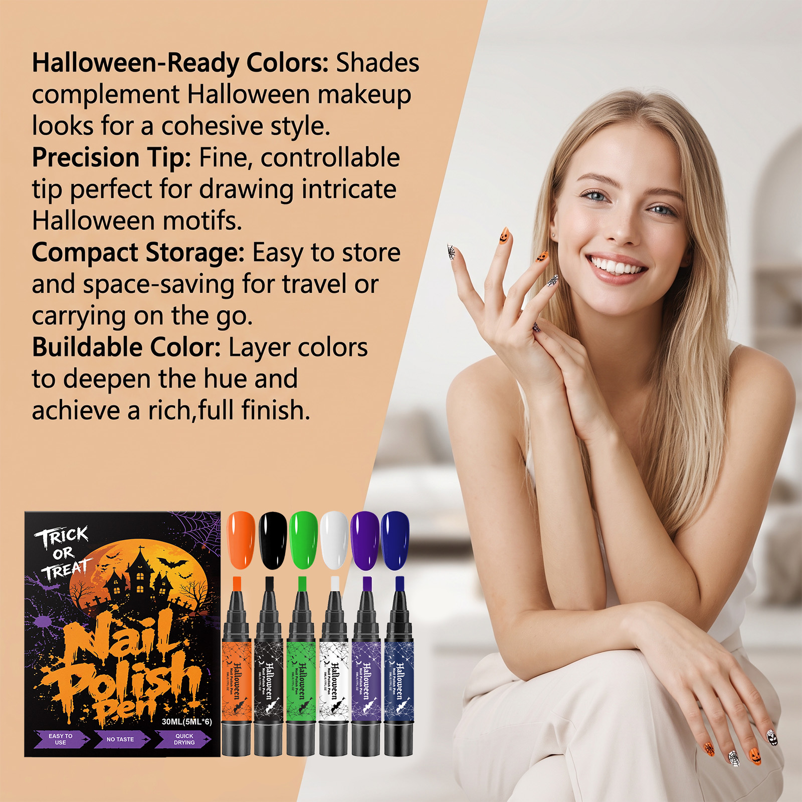 (Vibrant Halloween) Nail Polish Gel Pen No Baking Quick Dry Water Based Peelable Easy Clean Festival Exclusive Color DIY Nail Art