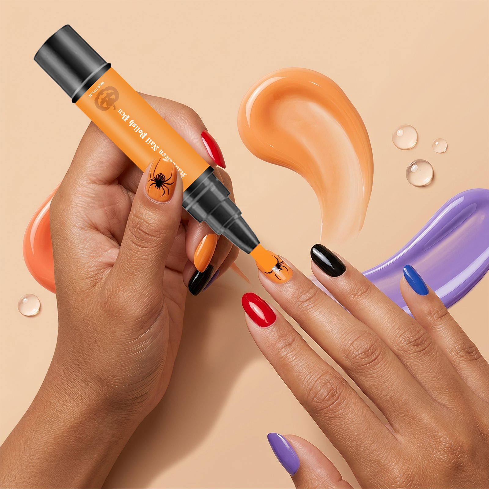 (Vibrant Halloween) Nail Polish Gel Pen No Baking Quick Dry Water Based Peelable Easy Clean Festival Exclusive Color DIY Nail Art