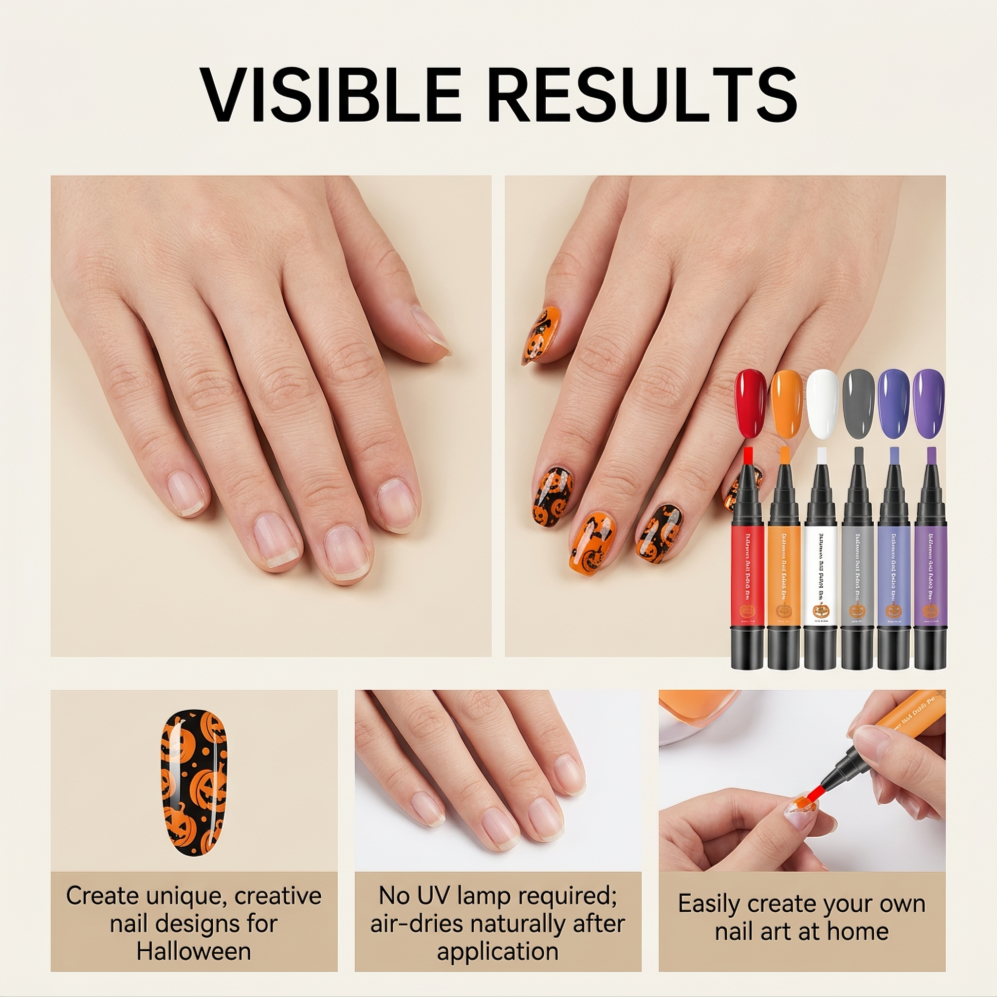 (Vibrant Halloween) Nail Polish Gel Pen No Baking Quick Dry Water Based Peelable Easy Clean Festival Exclusive Color DIY Nail Art