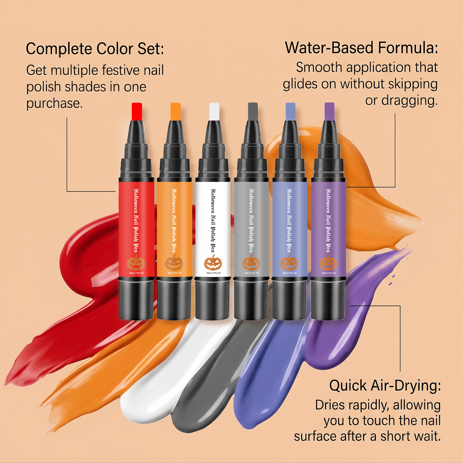 (Vibrant Halloween) Nail Polish Gel Pen No Baking Quick Dry Water Based Peelable Easy Clean Festival Exclusive Color DIY Nail Art