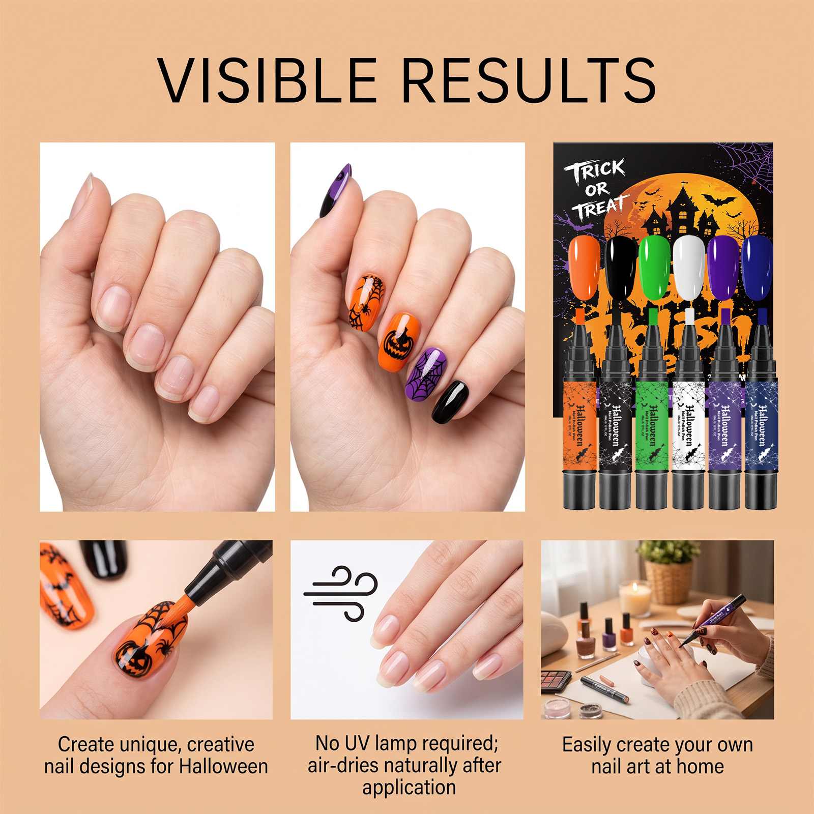 (Vibrant Halloween) Nail Polish Gel Pen No Baking Quick Dry Water Based Peelable Easy Clean Festival Exclusive Color DIY Nail Art
