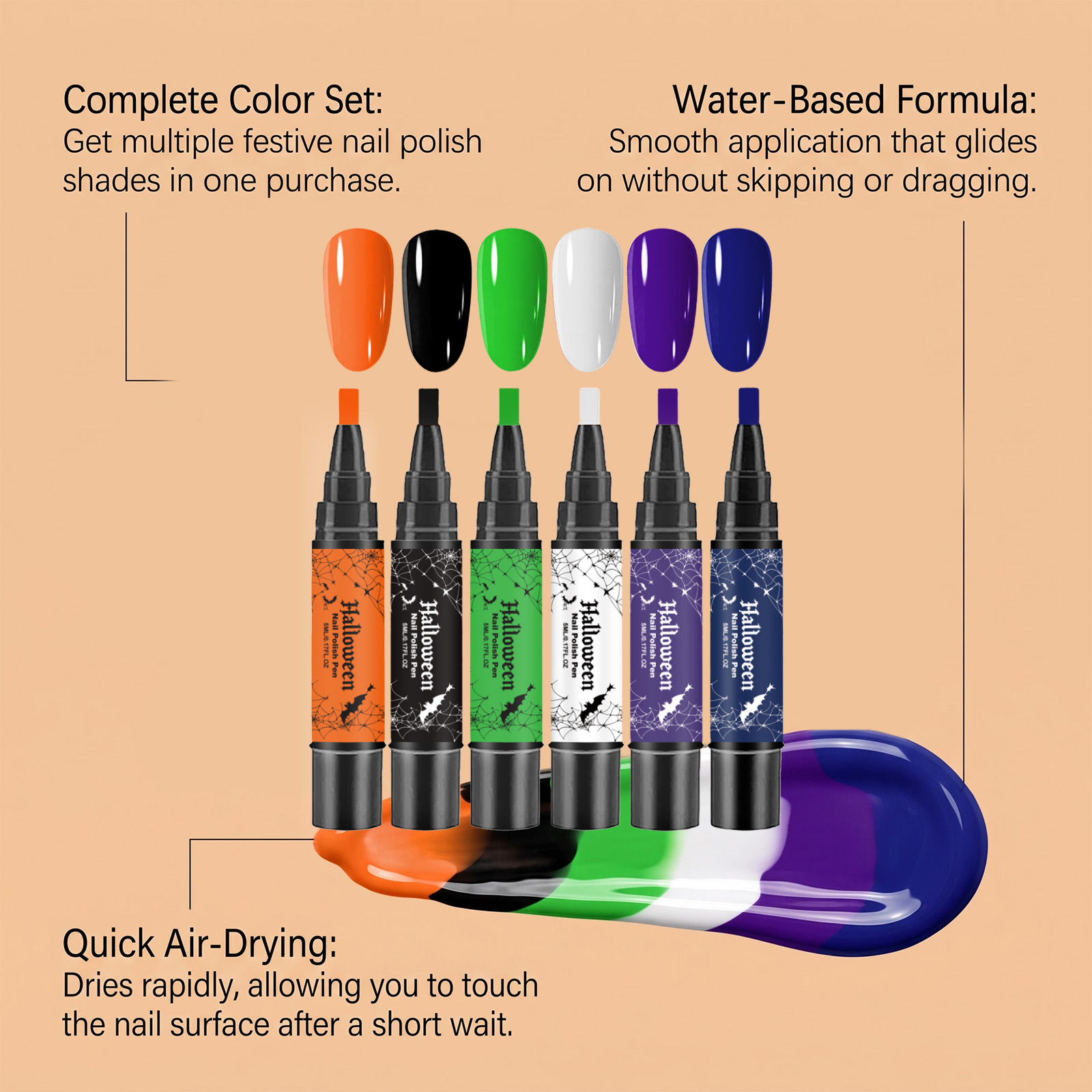 (Vibrant Halloween) Nail Polish Gel Pen No Baking Quick Dry Water Based Peelable Easy Clean Festival Exclusive Color DIY Nail Art