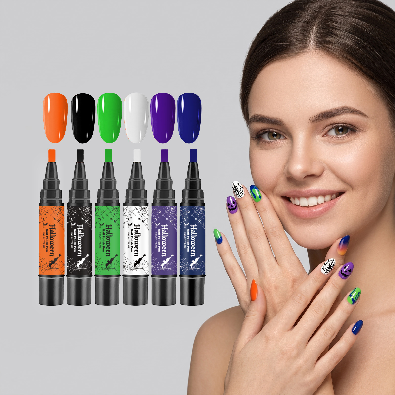 (Vibrant Halloween) Nail Polish Gel Pen No Baking Quick Dry Water Based Peelable Easy Clean Festival Exclusive Color DIY Nail Art