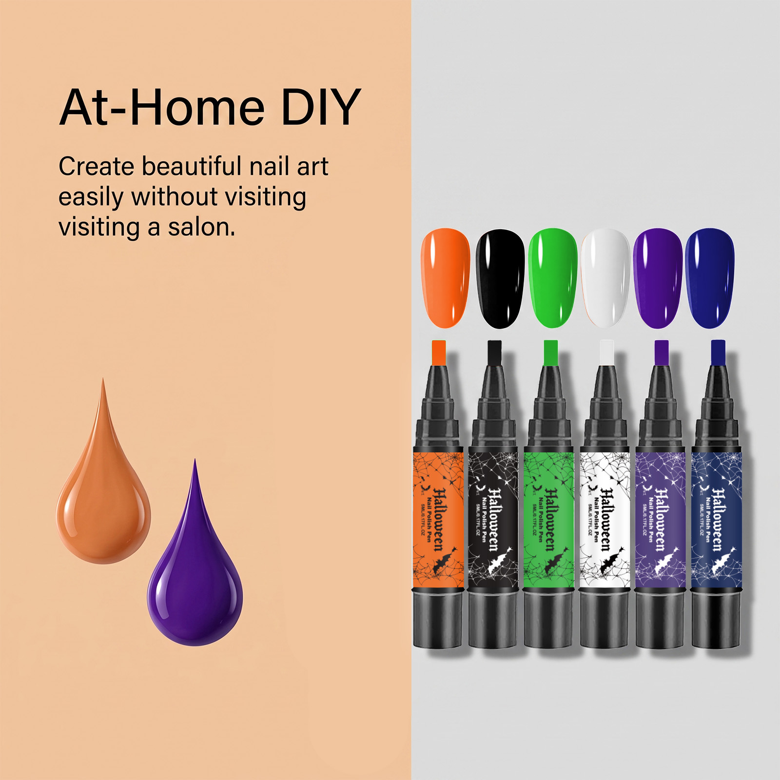 (Vibrant Halloween) Nail Polish Gel Pen No Baking Quick Dry Water Based Peelable Easy Clean Festival Exclusive Color DIY Nail Art