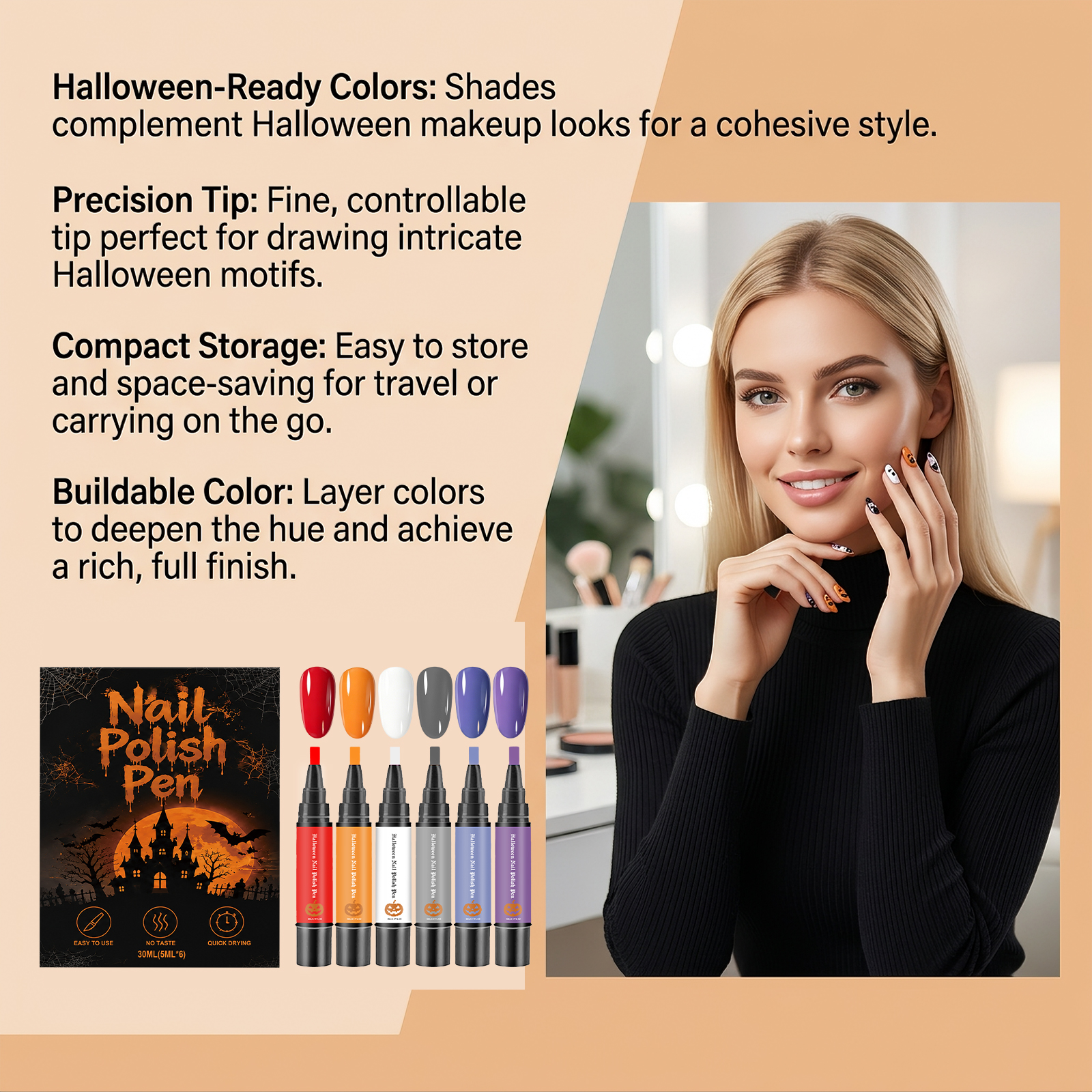 (Vibrant Halloween) Nail Polish Gel Pen No Baking Quick Dry Water Based Peelable Easy Clean Festival Exclusive Color DIY Nail Art