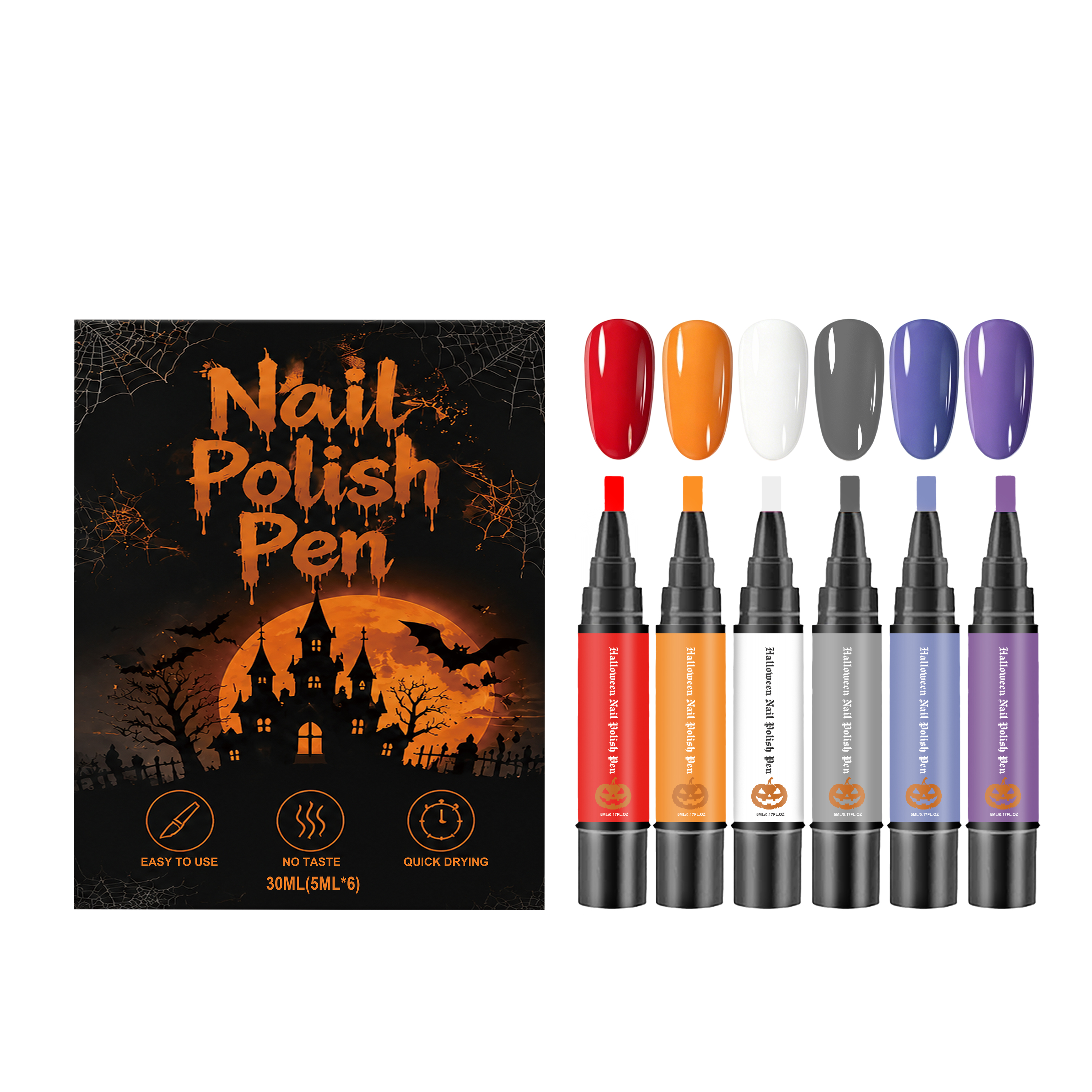 (Vibrant Halloween) Nail Polish Gel Pen No Baking Quick Dry Water Based Peelable Easy Clean Festival Exclusive Color DIY Nail Art