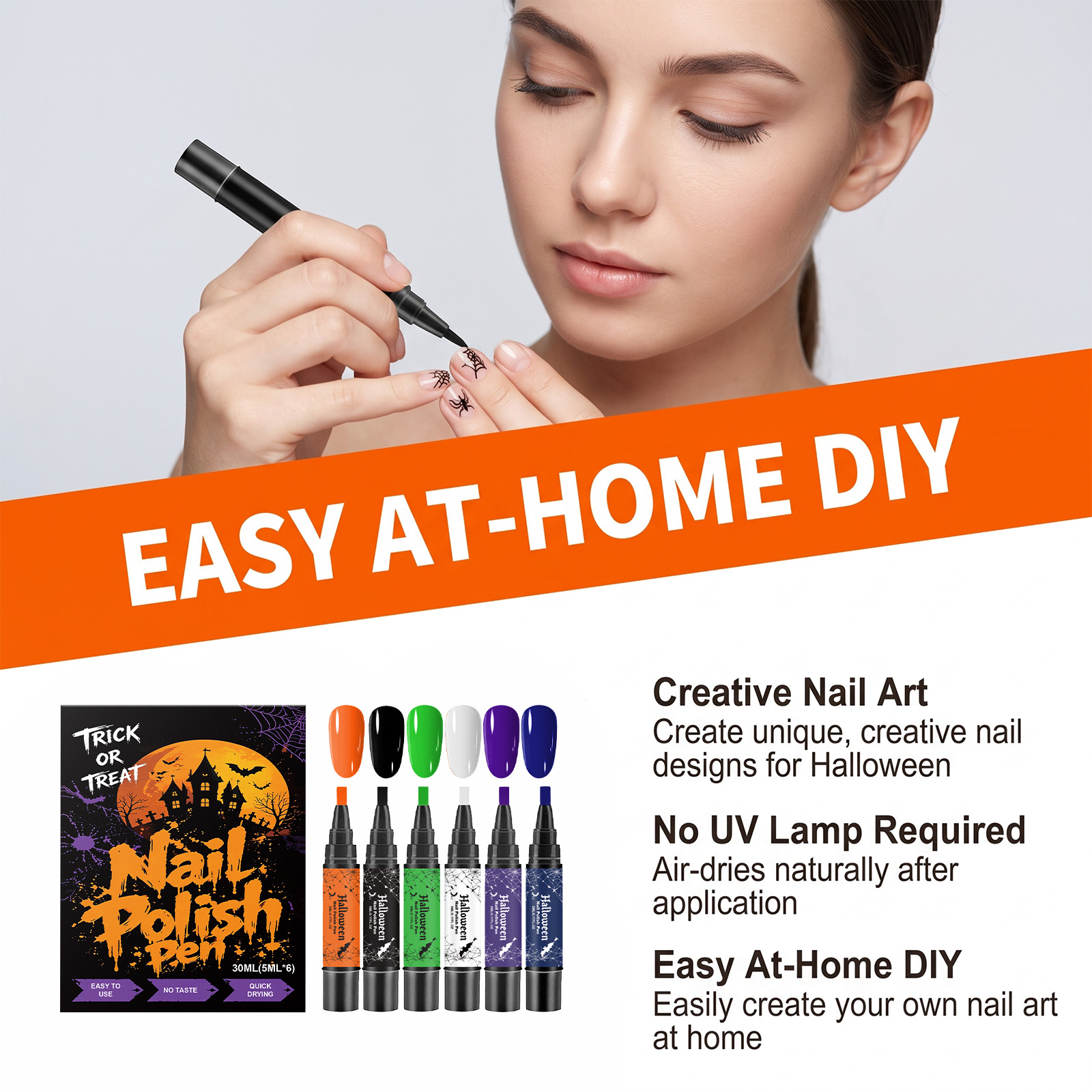 (Vibrant Halloween) Nail Polish Gel Pen No Baking Quick Dry Water Based Peelable Easy Clean Festival Exclusive Color DIY Nail Art