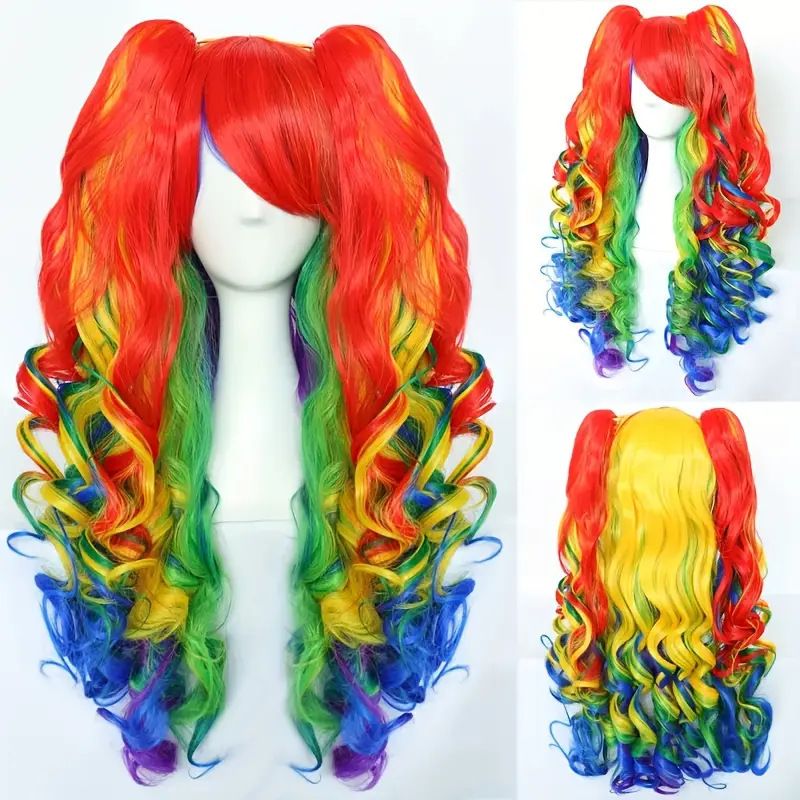 (RGB) Cosplay Wig Double Ponytail Lolita Anime Hairpiece With Clip For Halloween Party