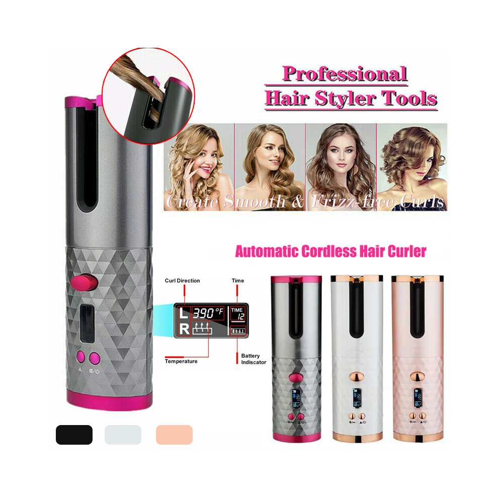 ((White Electric Auto Rotating)) Cordless Automatic Hair Curler | Portable Curling Tongs