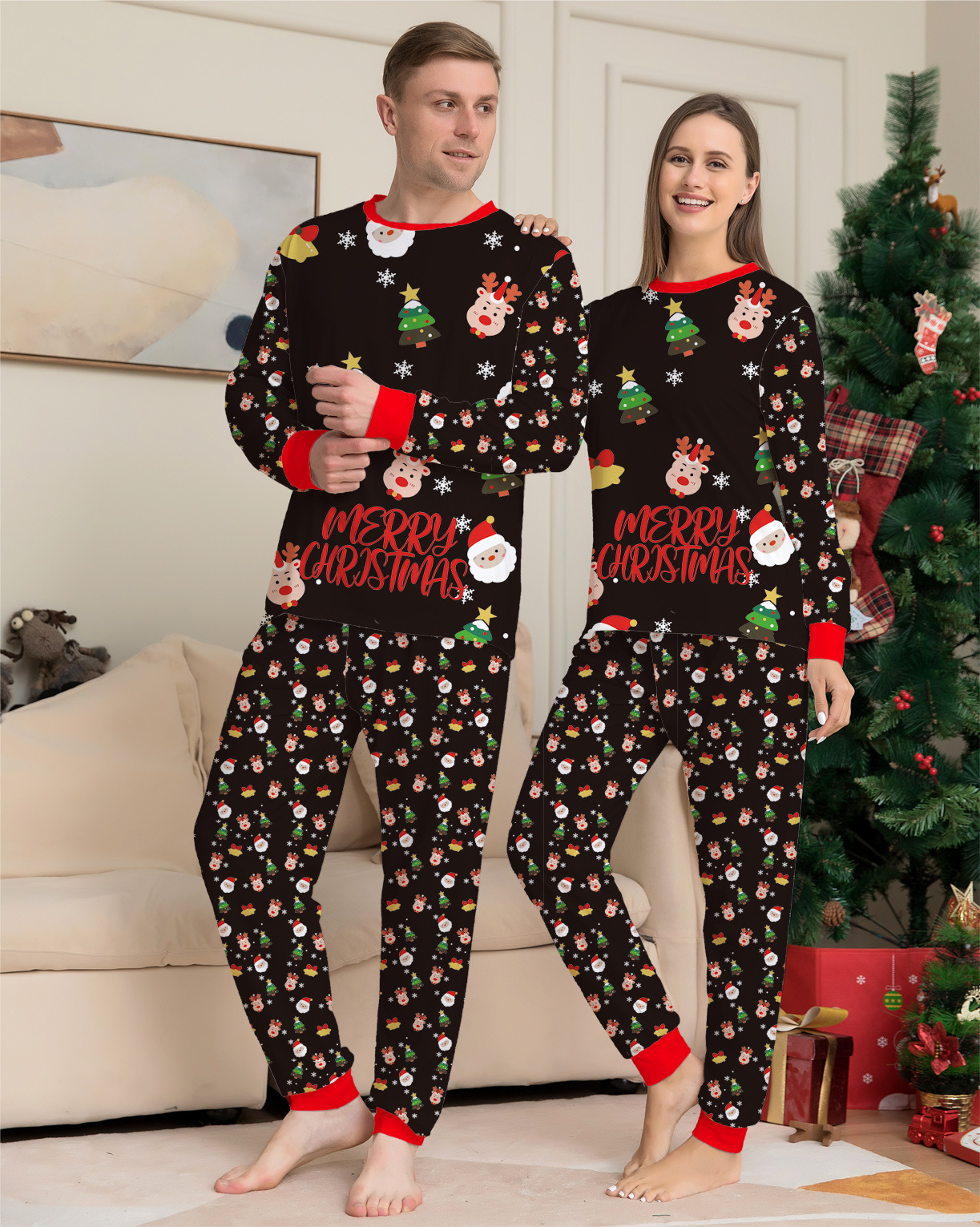 (6M Baby) Christmas Family Matching Pajamas Christmas Tree Santa Deer Print Adults Kids Family Matching Outfits Top and Pants 2PCS Xmas Sleepwear Pyjamas Baby Jumpsuit