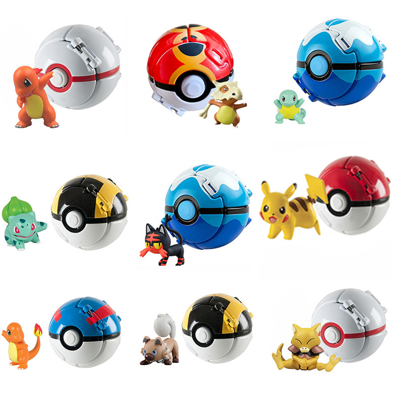 (Pikachu Pokeball) Pokémon Ball with Figure N Pop Action Balls Throwable Game Toy Kids Fun Play Toys Trainer Battle Figures Stocking Fillers Xmas Birthday Gift for Children