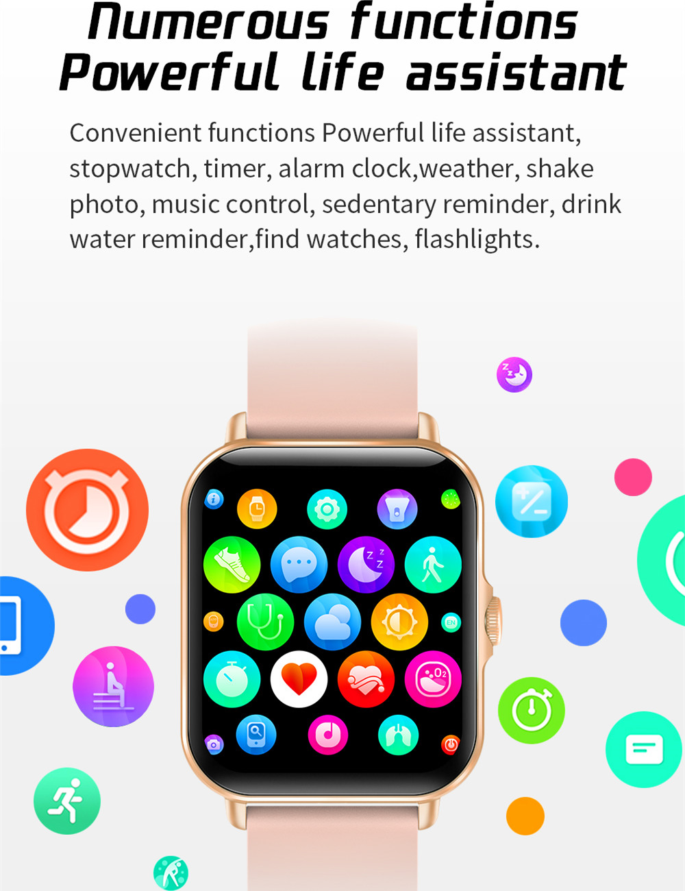 (Pink) Technology Smart Watch HD Screen Bluetooth Dial Smart Bracelet Men Women Sport Fitness Tracker for IOS