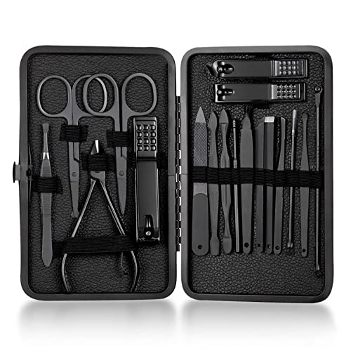 Nail Clippers Professional Manicure Set Nail Grooming Kit Cuticle Remover Toe Nail Care Cutter Pedicure Portable Set Thick Nails Travel Tool Gift For Men Women Friends and Parents 18 in 1 Black