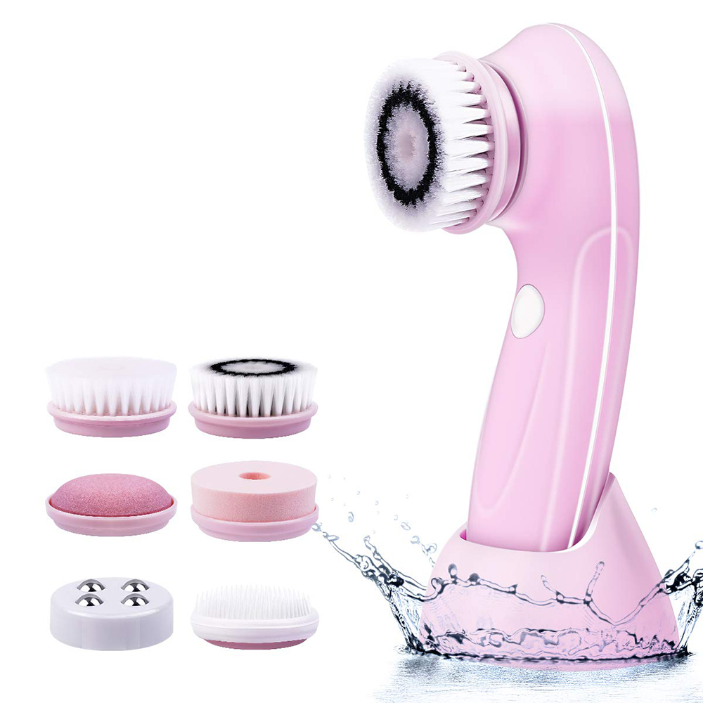 (Pink) Facial Cleansing Brush 6 in-1 Electric Face Cleaner for Exfoliating Massaging Skin Care IPX7 Waterproof