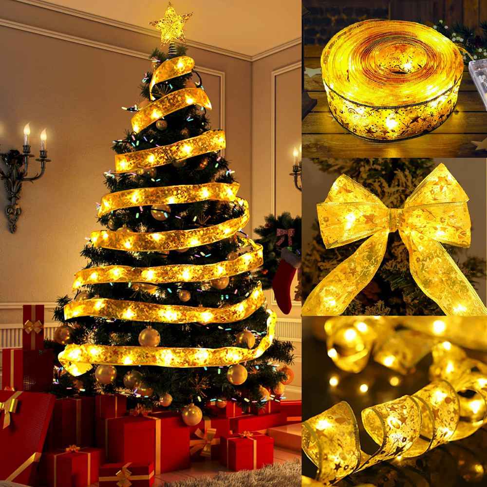 (Gold Ribbon Warm White 10M 100led) Christmas Fairy Lights Indoor Outdoor 33FT 100LED Christmas Decorations Battery Fairy Lights Ribbon String Lights Curtain Lights Christmas Tree Lights for Christmas Decorations Xmas Decor Warm White RGB