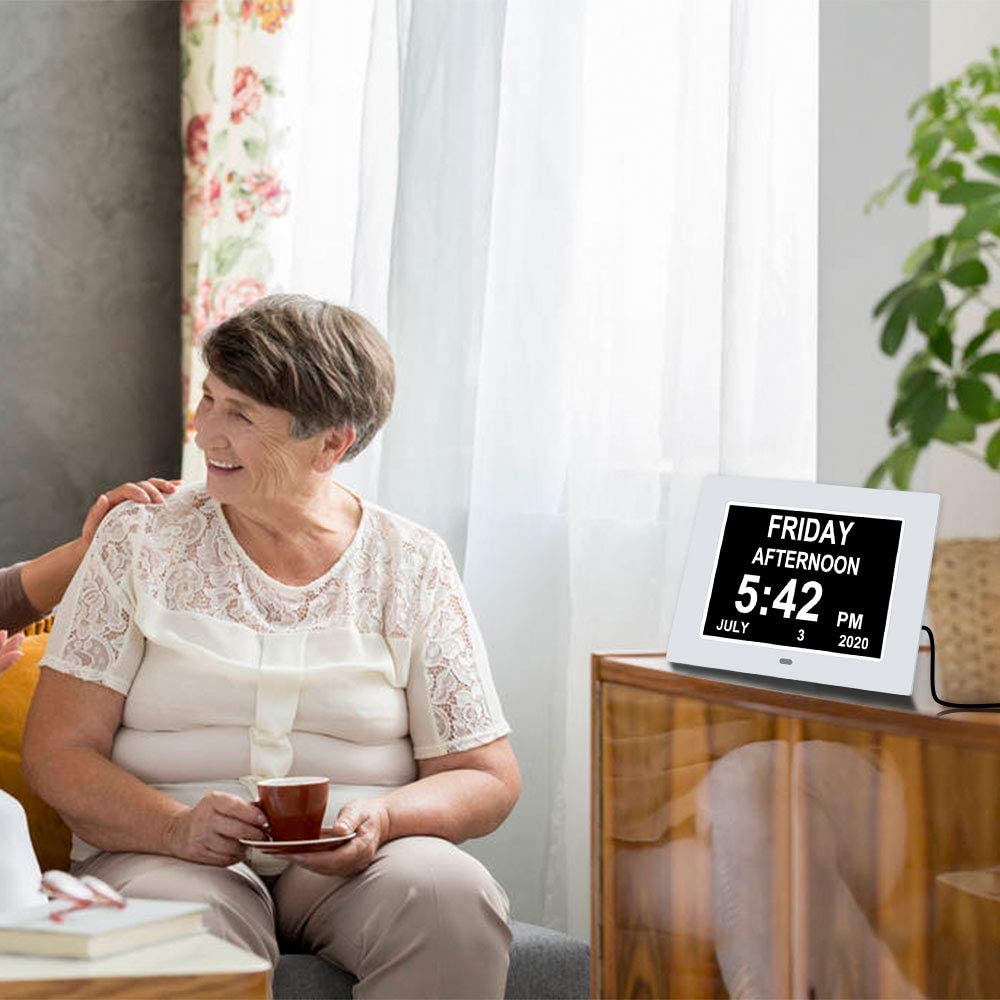 (White) Dementia Clock 8 Inches Calendar Date Clock Memory Loss Day Clock Extra Large Non-Abbreviated Day Month Digital Clock