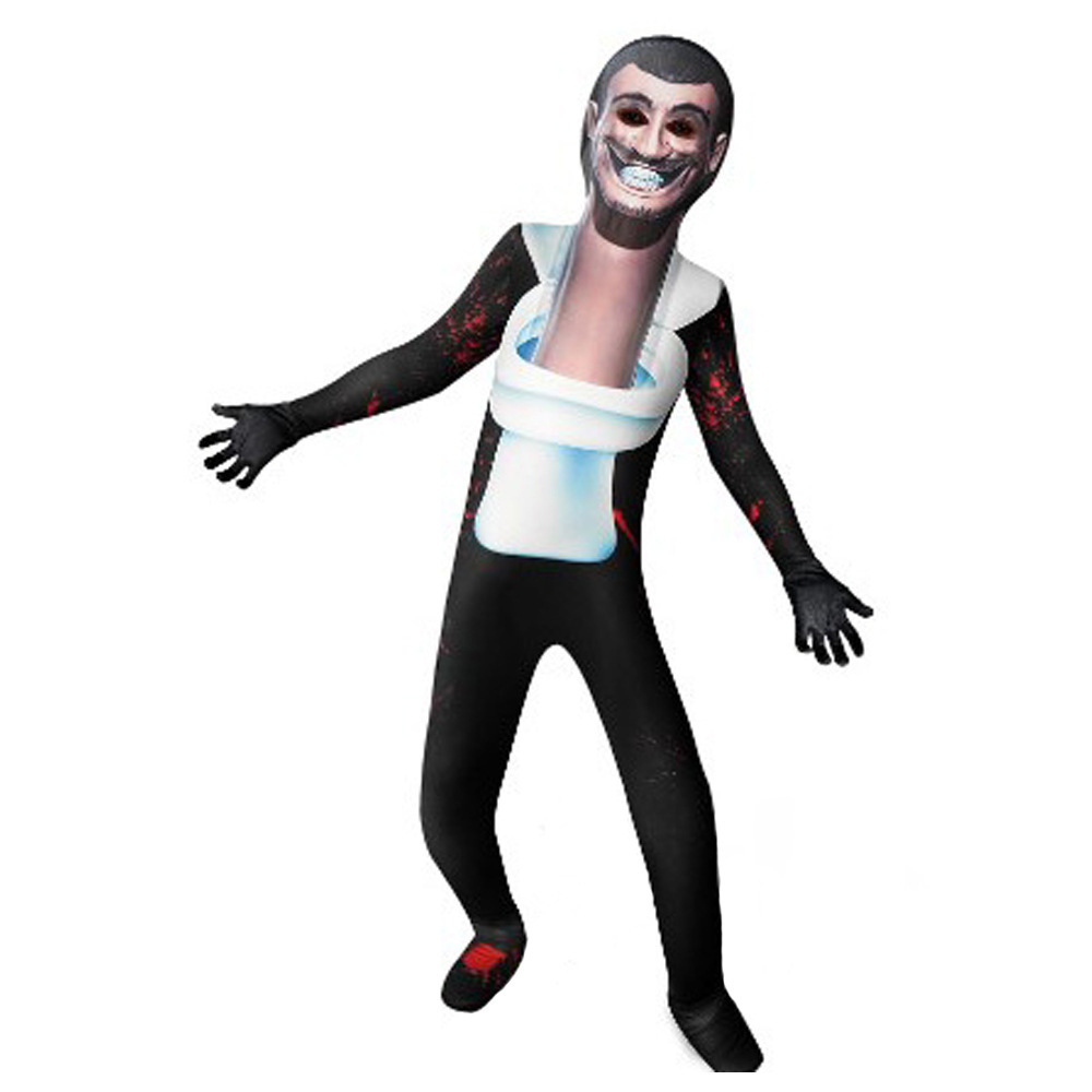 (Size 110) Skibidi Toilet Toilet Man Cosplay Cosume for Kids Jumpsuit Horror Game Costume Mask Party Fancy Dress Halloween Bodysuits
