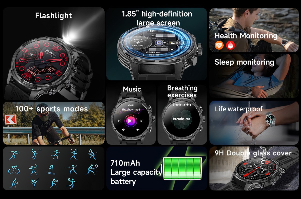 (Black) Smart Watch Bluetooth Smart Sports Watch for Men and Women Total Health Monitoring Sleep Monitoring Blood Oxygen Detection IP67