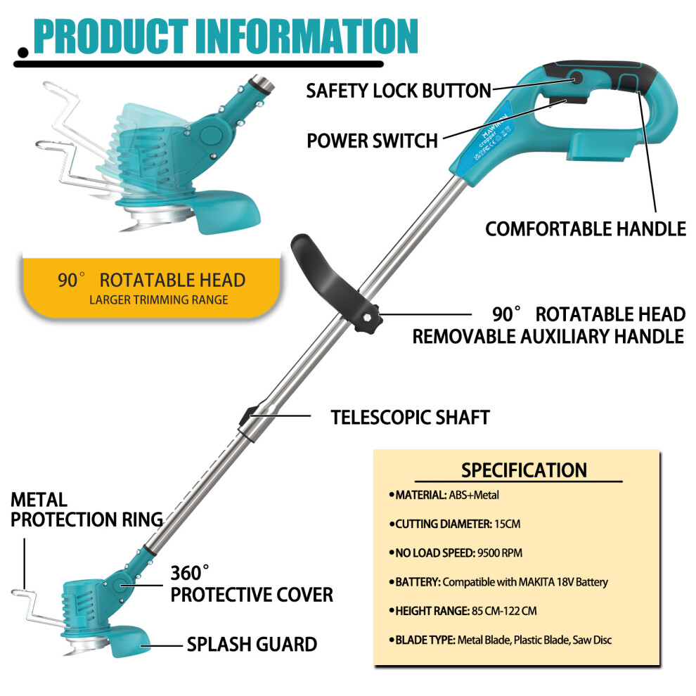 Cordless Strimmer Grass Trimmer Cutter Garden Lawn Edger+2Battery+Charger-Makita Compatible