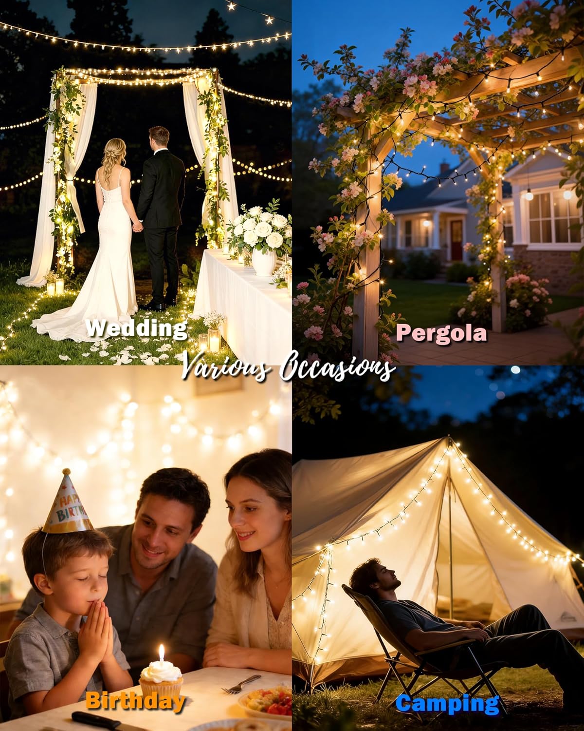 (Soft Gold) 3 Pack Solar Lights Outdoor Garden Each 59FT 180 Led Solar Powered String Lights Waterproof Fairy Lights 8 Modes 2 Mounting Ways for Outside Patio Yard Tree War