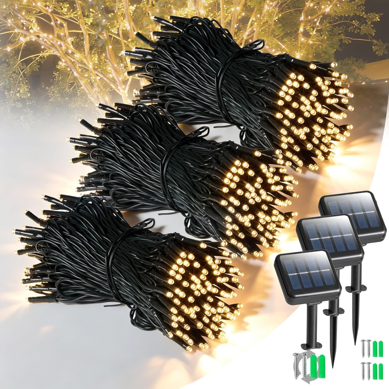 (Soft Gold) 3 Pack Solar Lights Outdoor Garden Each 59FT 180 Led Solar Powered String Lights Waterproof Fairy Lights 8 Modes 2 Mounting Ways for Outside Patio Yard Tree War