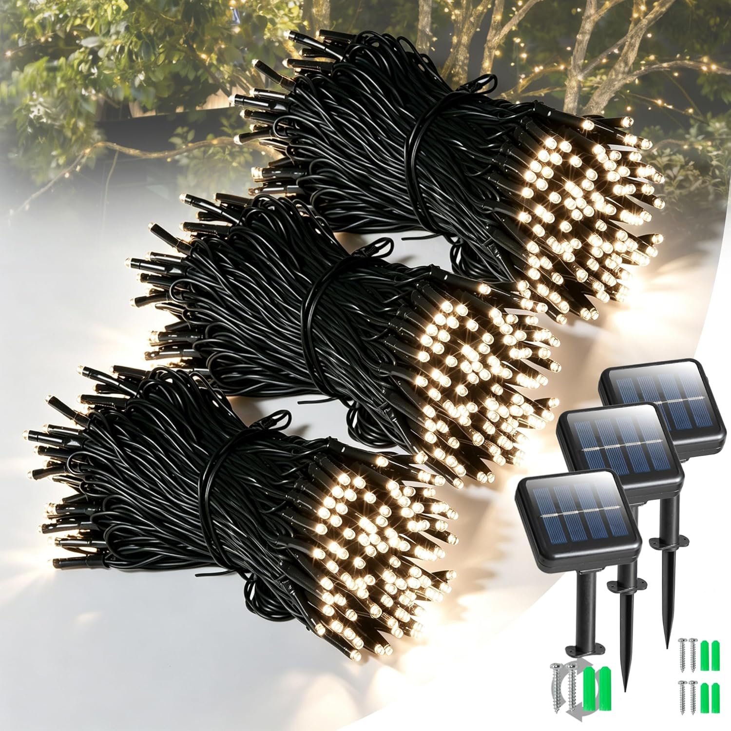 (Soft Gold) 3 Pack Solar Lights Outdoor Garden Each 59FT 180 Led Solar Powered String Lights Waterproof Fairy Lights 8 Modes 2 Mounting Ways for Outside Patio Yard Tree War