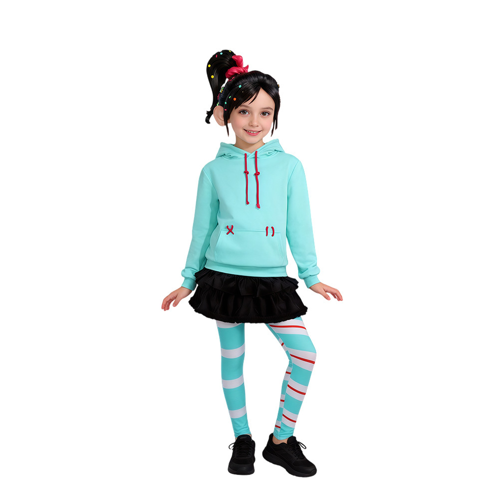(120CM) Kids Vanellope Cosplay Costume Wreck It Ralph 2 Dress for Halloween Party Anime Roleplay Outfit