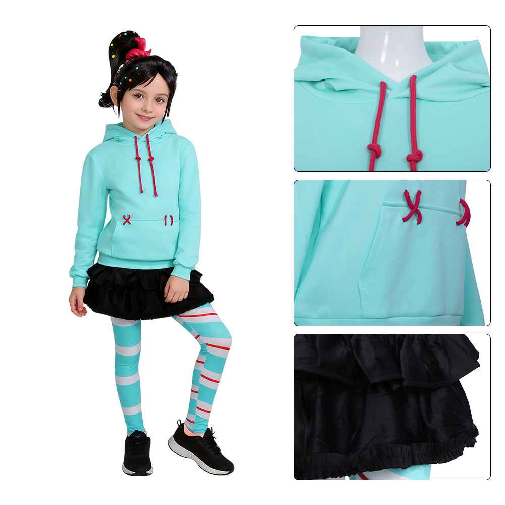 (120CM) Kids Vanellope Cosplay Costume Wreck It Ralph 2 Dress for Halloween Party Anime Roleplay Outfit