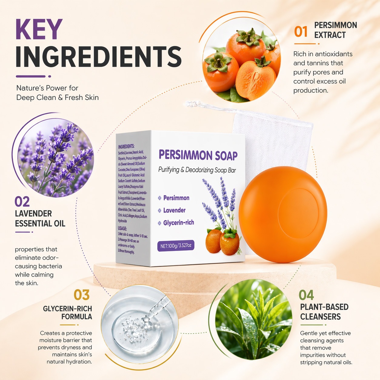  Purifying Deodorant Persimmon Soap With Lavender Scent For Odor Removal And Daily Cleansing Bar 100g